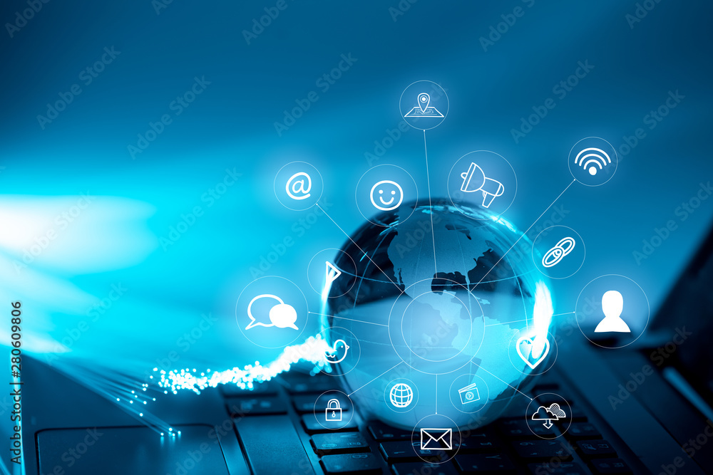 Wall mural global technology & network icon on the computer keyboard