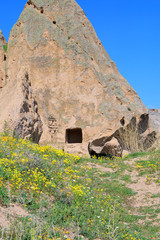 Mountain trail, with wild flowers, to the ancient cave shelters of Cappadocia.