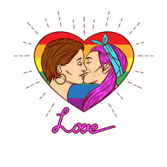 Vector illustration with rainbow background. Vector banner of a homosexual couple is kissing. Two young women kissing each other inside the heart shape frame with typing "love". Happy pride day banner