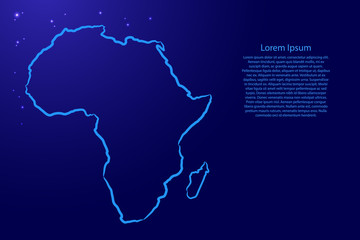 Africa map from the contour blue brush lines different thickness and glowing stars on dark background. Vector illustration.