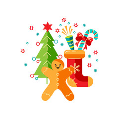 Merry Christmas and Happy New Year card vector illustration. Design element isolated on white background. Great for flyer, decoration, postcard, banner, poster. Flat and line style design.