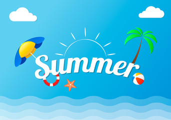 Summer holidays vector banner template. Sun, waves and colorful beach elements.