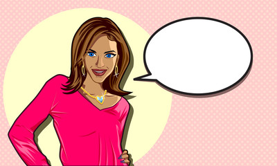 Stylish, wealthy and Tanned Vector Woman with Jewellery and Speech Bubble
