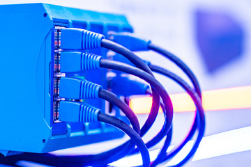 Wires connected to power supply. The source of the Internet connection. Connected cables to server...