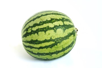 Whole watermelon (Citrullus lanatus) isolated on white background.Watermelon is very juicy,so sweet but low sugar.Have a lot of vitamins and minerals.Fruit or healthcare concept.