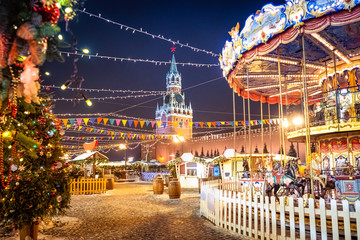 Moscow, Russia, Kremlin and Red square. Christmas celebration. Christmas market. New year fair....