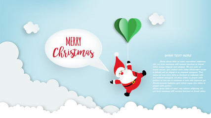 Paper art of Santa Claus floated with heart balloons, merry Christmas and happy new year celebration concept, vector art and illustration.