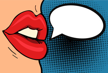 Pop art retro comic style vector illustration. Close up woman's talking. Red lips. Speech bubble 