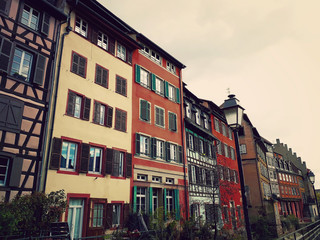 Obraz premium Colorful wooden building facade in Strasbourg old city, France, Alsace. Historic town traditional house