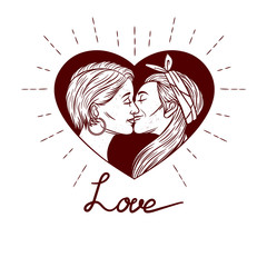 Vector black and white illustration with grunge texture. Vector lgbt community banner of a homosexual couple is kissing each other inside the heart shape frame with typing "love".