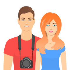 Obraz premium Young man and woman are smiling. Dressed as tourists, on the neck of the camera. Vector illustration with isolated background.