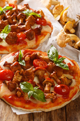Mini pizza with chanterelle mushrooms, mozzarella cheese, tomatoes and basil close-up. vertical