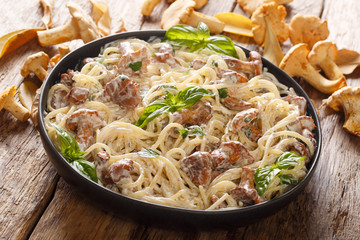 Spaghetti pasta with fried chanterelles in a creamy sauce with cheese close-up on a plate. horizontal