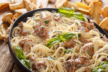 Traditional spaghetti with fried fresh chanterelles in a creamy sauce with cheese close-up on a plate. horizontal