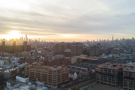 A scenic view of Manhattan taken from a drone hovering over Brooklyn.