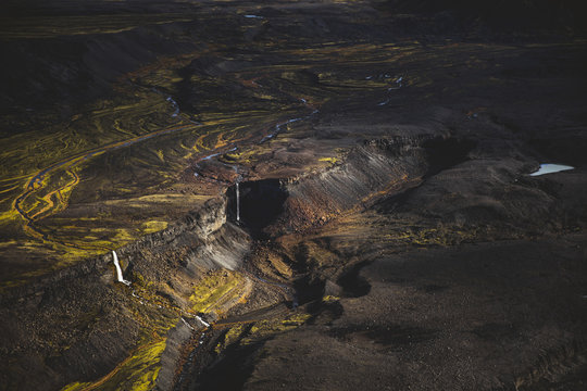Aerial view of Waterfalls of Landmannalaugar
