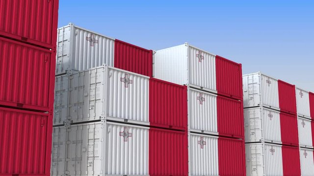 Container terminal full of containers with flag of Malta. Maltese export or import related loopable 3D animation