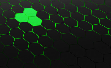 Abstract background. Frame filled with dark gray hexagons with green background with 3d effect and perspective..