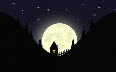 Cartoon night scenery. Silhouette of a house with a fence and a lit window in a valley between two hills with coniferous trees with a shining moon and stars in the background.