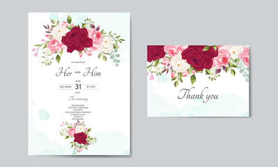 Fototapeta na wymiar beautiful wedding invitation card template with floral leaves
