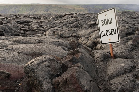 Road Closed, street sign, road blocked by lava flow, Chain of Craters Road, Pahoa, Hawaii, Big Island, USA, North America
