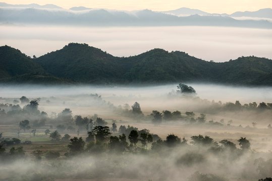 Landscape with mist, Mrauk U, Sittwe District, Rakhine State, Myanmar, Asia