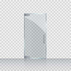 Glass door isolated on transparent background. Mockup entrance for store, shop or fashion boutique. Vector clear acrilic frame.