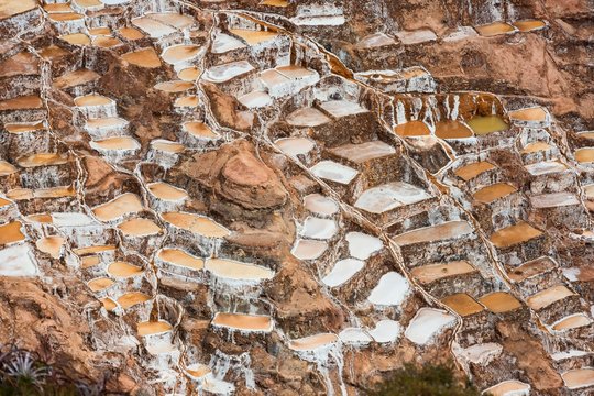 Salt pans in the Sacred Valley of the Incas on the Urubamba, at Maras, Peru, South America