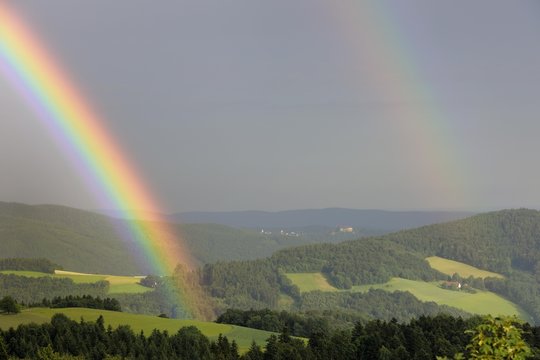 A rainbow and Bernstein castle, Hochneukirchen, Lower Austria, Austria, Europe