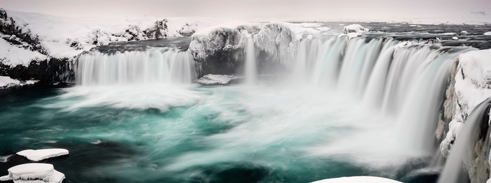 GÛafoss Waterfall, panoramic view, waterfall of the Gods, Godafoss in winter with snow and ice, Northwestern Region, North Iceland, Iceland, Europe