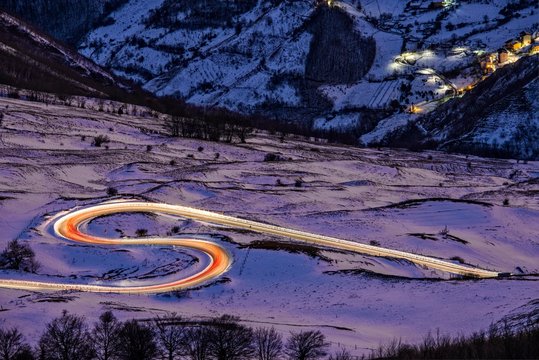 SP 15 road in winter, Mount Nerone, Monte Nerone, Apennines, Marche, Italy, Europe