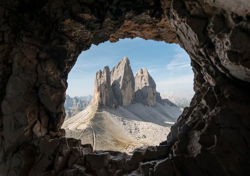 View from war tunnel, via ferrata to the Paternkofel, north walls of the Three Peaks, Sesto Dolomites, South Tyrol, Italy, Europe