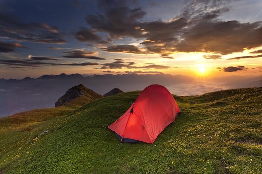 Tent, sunrise above the Inn Valley, Axamer Lizum, Tyrol, Austria, Europe