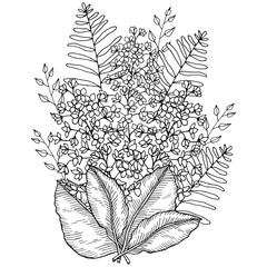 Hand drawn floral bouquet with flowers and leaves monochrome vector illustration
