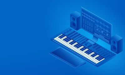 Recording studio. Record and edit on the computer screen. Music synthesizer, computer, speakers. Isometric illustration.