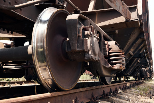 chassis, wheels of a railway car, rails - the concept of transportation and shipping