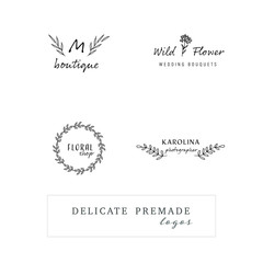 Fototapeta premium Set of Hand Drawn Botanical Floral Logo. Wildflower wreath and branch. 