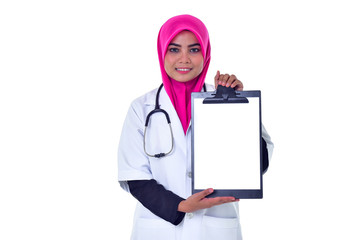 Doctor hold clipboard with blank white paper over blue background. Medical and Healthcare Concept.