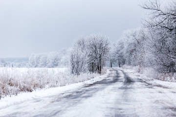 Obraz na płótnie Canvas Winter rural road landscape with frozen asphalt path.