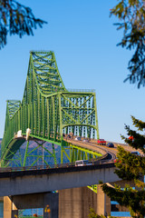 Close up view on Astoria-Megler Bridge, a steel cantilever through truss bridge in northwest United States spanning Columbia River between Astoria, Oregon, and Point Ellice near Megler, Washington.