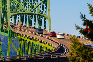 Close up view on Astoria-Megler Bridge, a steel cantilever through truss bridge in northwest United States spanning Columbia River between Astoria, Oregon, and Point Ellice near Megler, Washington.
