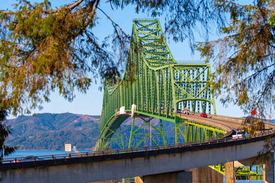 Close up view on Astoria-Megler Bridge, a steel cantilever through truss bridge in northwest United States spanning Columbia River between Astoria, Oregon, and Point Ellice near Megler, Washington.