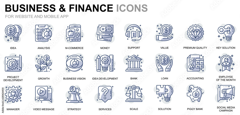 Leinwandbilder Simple Set Business and Finance Line Icons for Website and Mobile Apps. Contains such Icons as Analysis, Money, Accounting, Strategy, Bank. Conceptual color line icon. Vector pictogram pack.