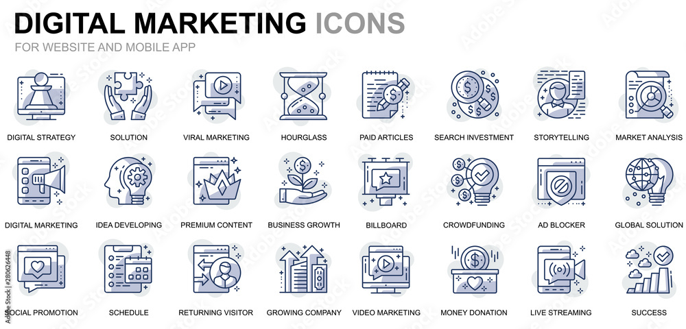 Poster simple set business and marketing line icons for website and mobile apps. contains such icons as dig