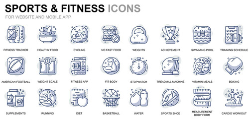 Simple Set Sport and Fitness Line Icons for Website and Mobile Apps. Contains such Icons as Fit Body, Swimming, Fitness App, Supplements. Conceptual color line icon. Vector pictogram pack.