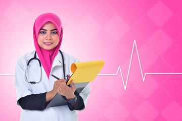 Young Female Doctor holding clipboard with stethoscope over blue background