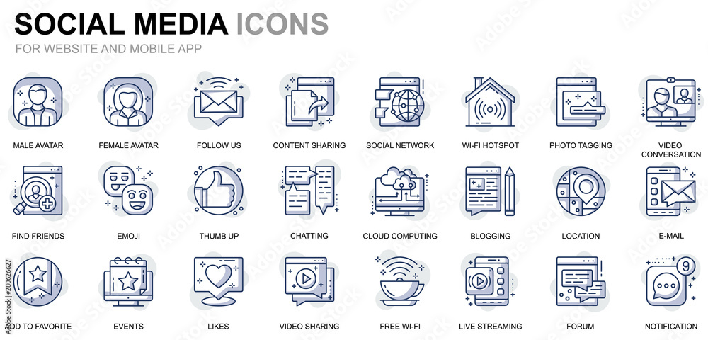 Poster simple set social media and network line icons for website and mobile apps. contains such icons as a