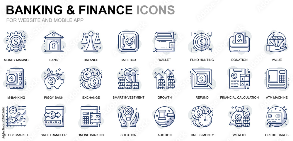 Poster simple set banking and finance line icons for website and mobile apps. contains such icons as balanc