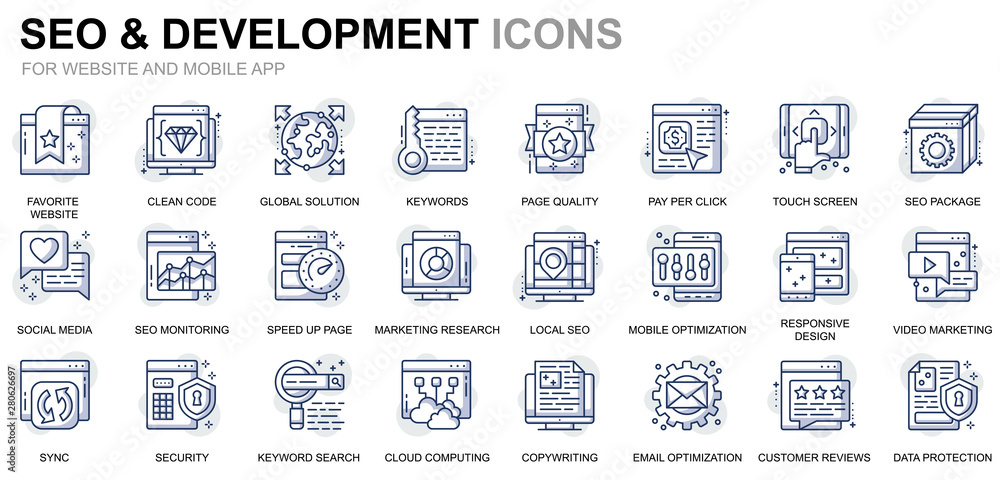 Poster simple set seo and development line icons for website and mobile apps. contains such icons as clean 