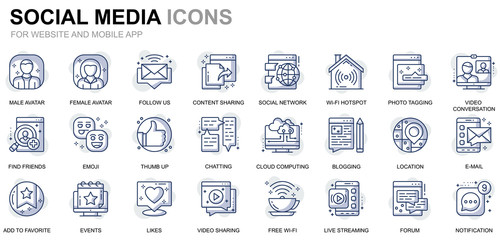 Simple Set Social Media and Network Line Icons for Website and Mobile Apps. Contains such Icons as Avatar, Emoji, Chating, Likes. Conceptual color line icon. Vector pictogram pack.